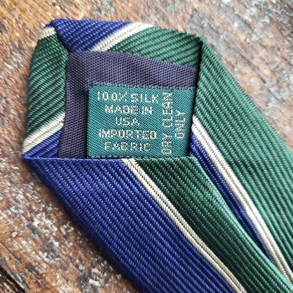 J.Crew Neck Tie Green/Blue Striped‎ 100% Silk Men's Vintage Preppy Classic